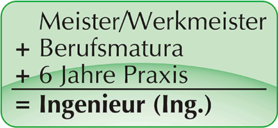 Werkmeister + Berufsmatura + 6 Jahre Praxis = Ingenieur (Ing.)